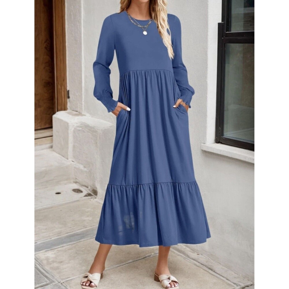 Women's Long Sleeve Midi Dress Crewneck A Line Tiered Flowy Loose Pockets Size S